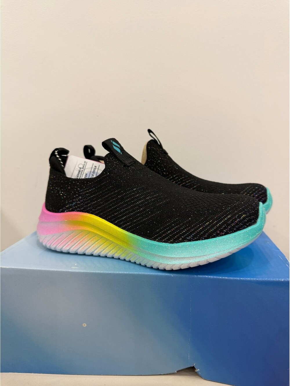 Skechers Black Slip-On Sneakers with Rainbow Gradient Sole size 13